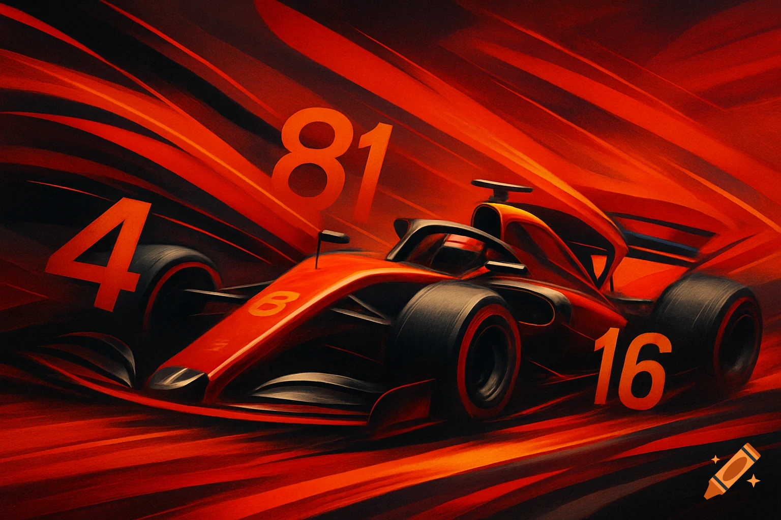 Dynamic, abstract Formula 1 car in red and orange tones with numbers 4, 81, and 16, conveying high-speed energy.