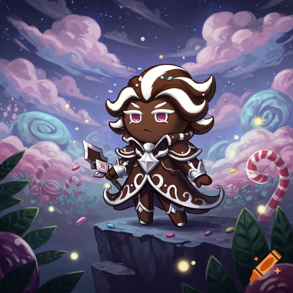 Shadow Milk Cookie, a dark brown character with white hair and armor, holding a staff, stands on a cliff in a vibrant candy land under a starry sky.