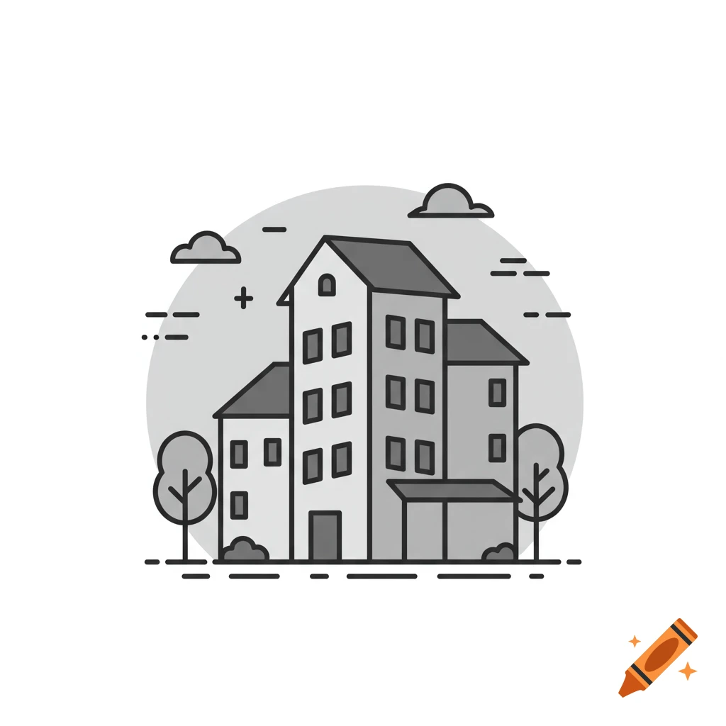 A minimalist line art icon of several residential buildings with trees and clouds, in shades of gray.