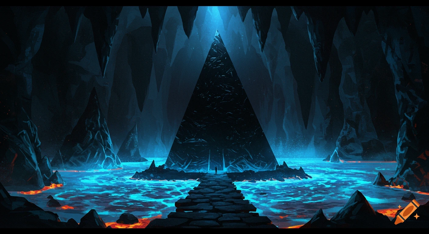 A dark cave with a massive black pyramid at its center, surrounded by glowing blue magma and a stone path. Orange lava glows in the foreground.