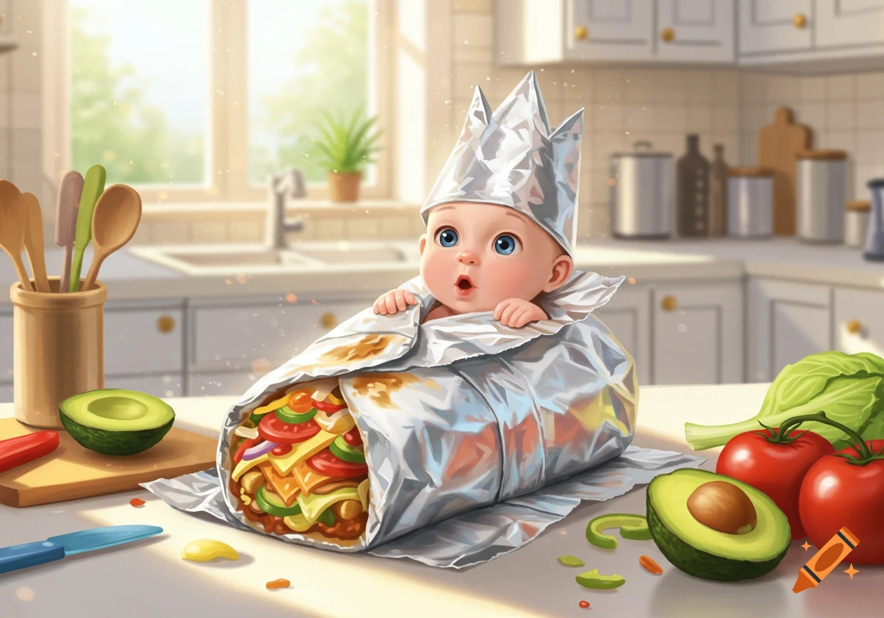 Cute baby in a foil burrito with a foil hat, surrounded by fresh vegetables on a kitchen counter.