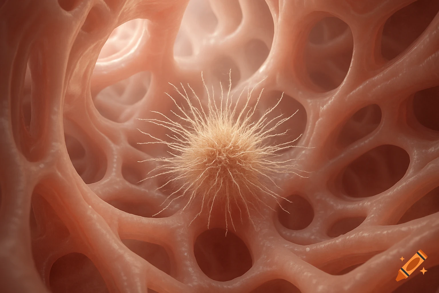 Microscopic view of a spiky, spherical microbe within porous pink biological tissue.