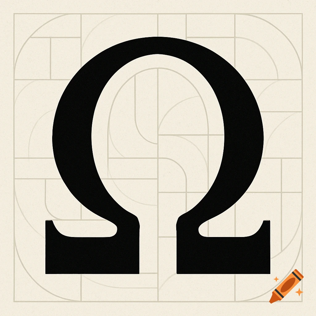 Simplistic black Greek Omega symbol on a cream background with a subtle geometric grid pattern, in a 1970s design style.