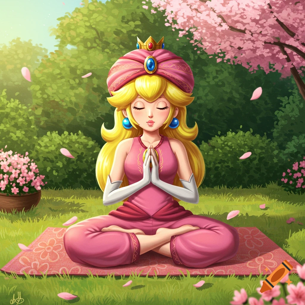 Princess Peach in a pink turban and outfit meditates on a yoga mat in a lush garden with cherry blossoms.