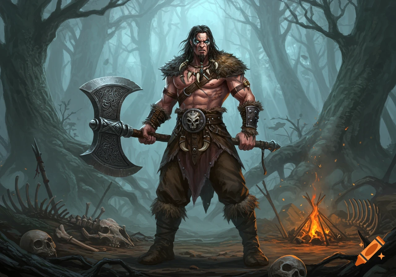 A muscular barbarian warrior with a large double-bladed axe stands in a dark, misty forest. Skulls and bones are on the ground near a campfire.