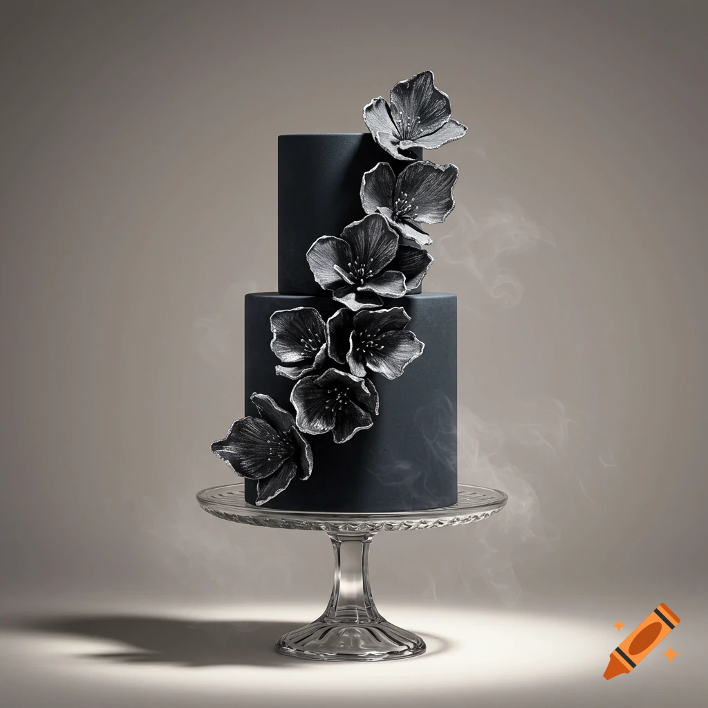 A dramatic two-tier black cake adorned with cascading silver flowers, sitting on a glass stand with subtle smoke, against a neutral background.