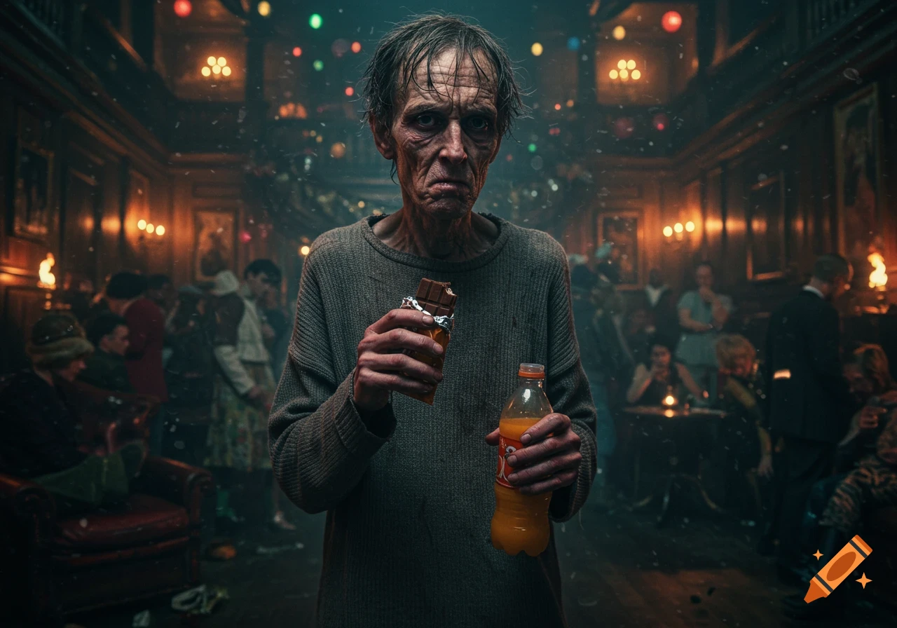 A gaunt, creepy man with messy hair holds a chocolate bar and orange juice bottle at a dimly lit mansion party.