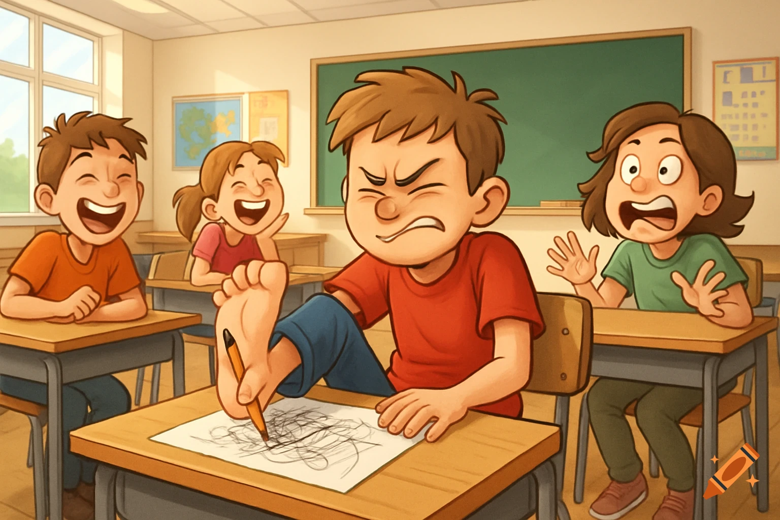 Cartoon image of a boy struggling to draw with his foot in a classroom, while other children laugh.