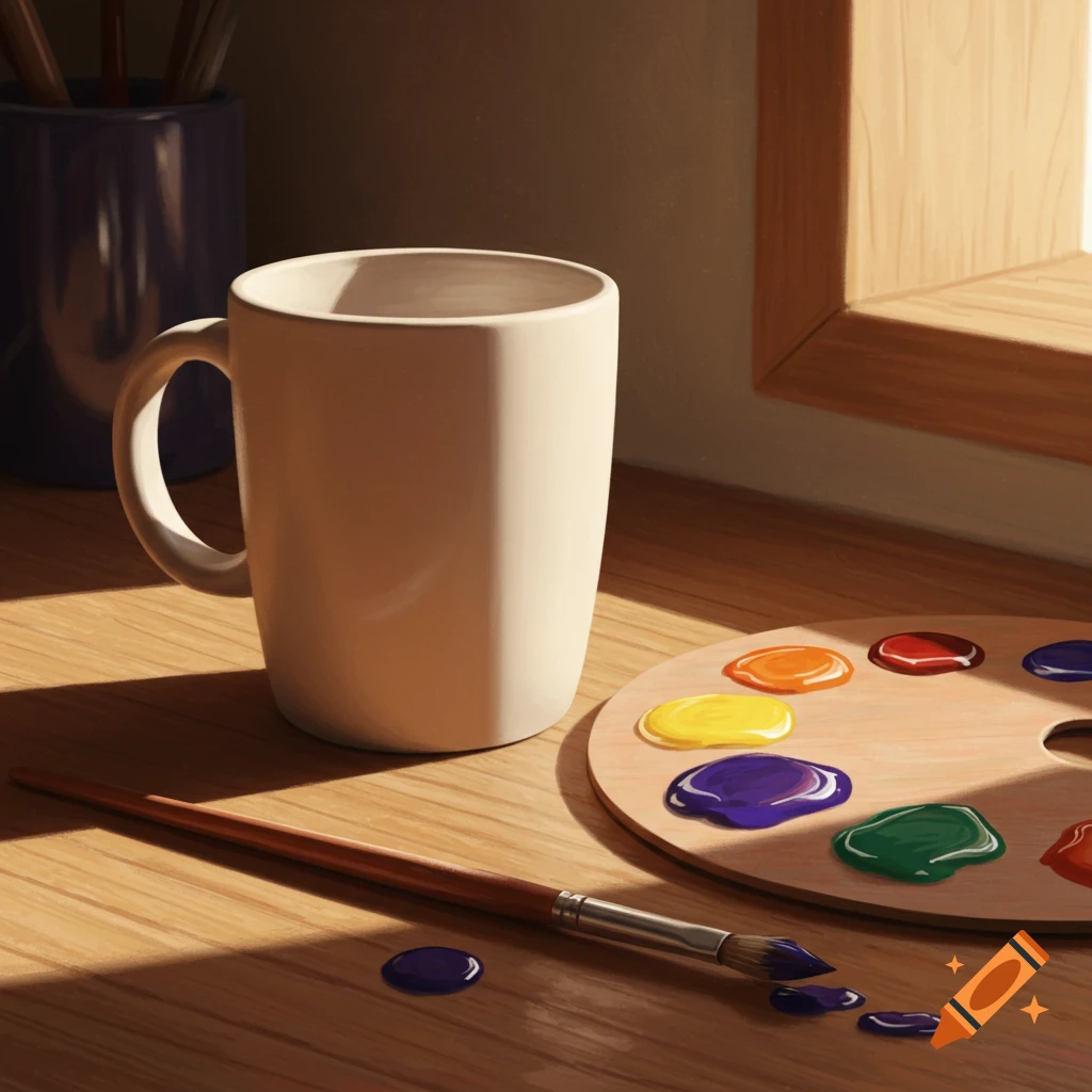 Still life of a white ceramic mug, a wooden paint palette with colorful paints, and a paintbrush on a wooden table near a window.