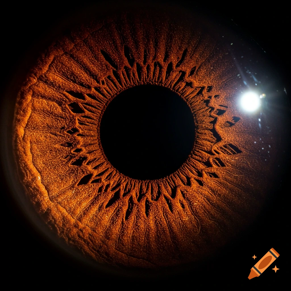 Detailed macro shot of a vibrant dark brown human iris with intricate texture and reflections on a black background.