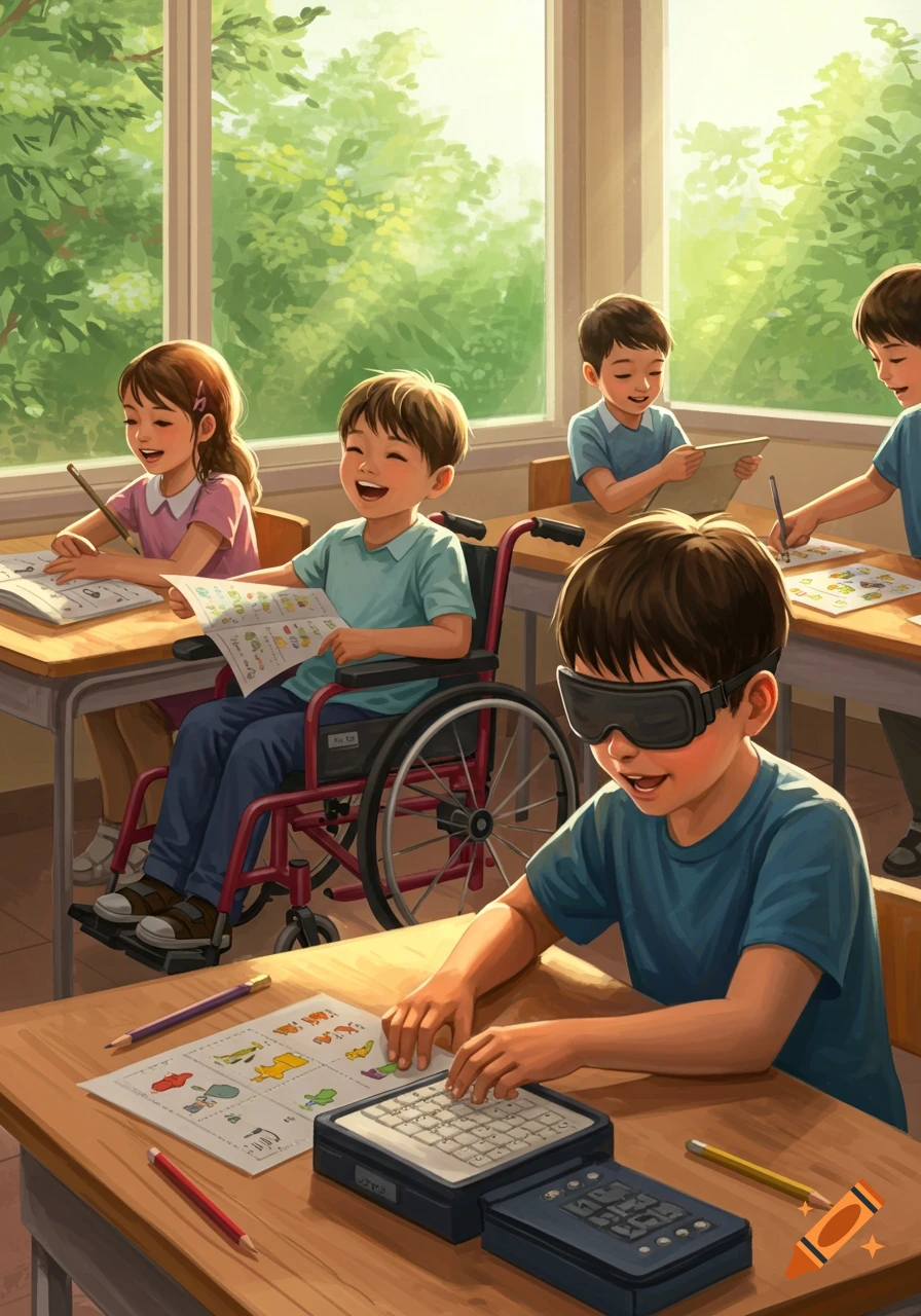 Children with special needs happily learning in a bright classroom, including a boy in a wheelchair and a visually impaired boy using a braille device.
