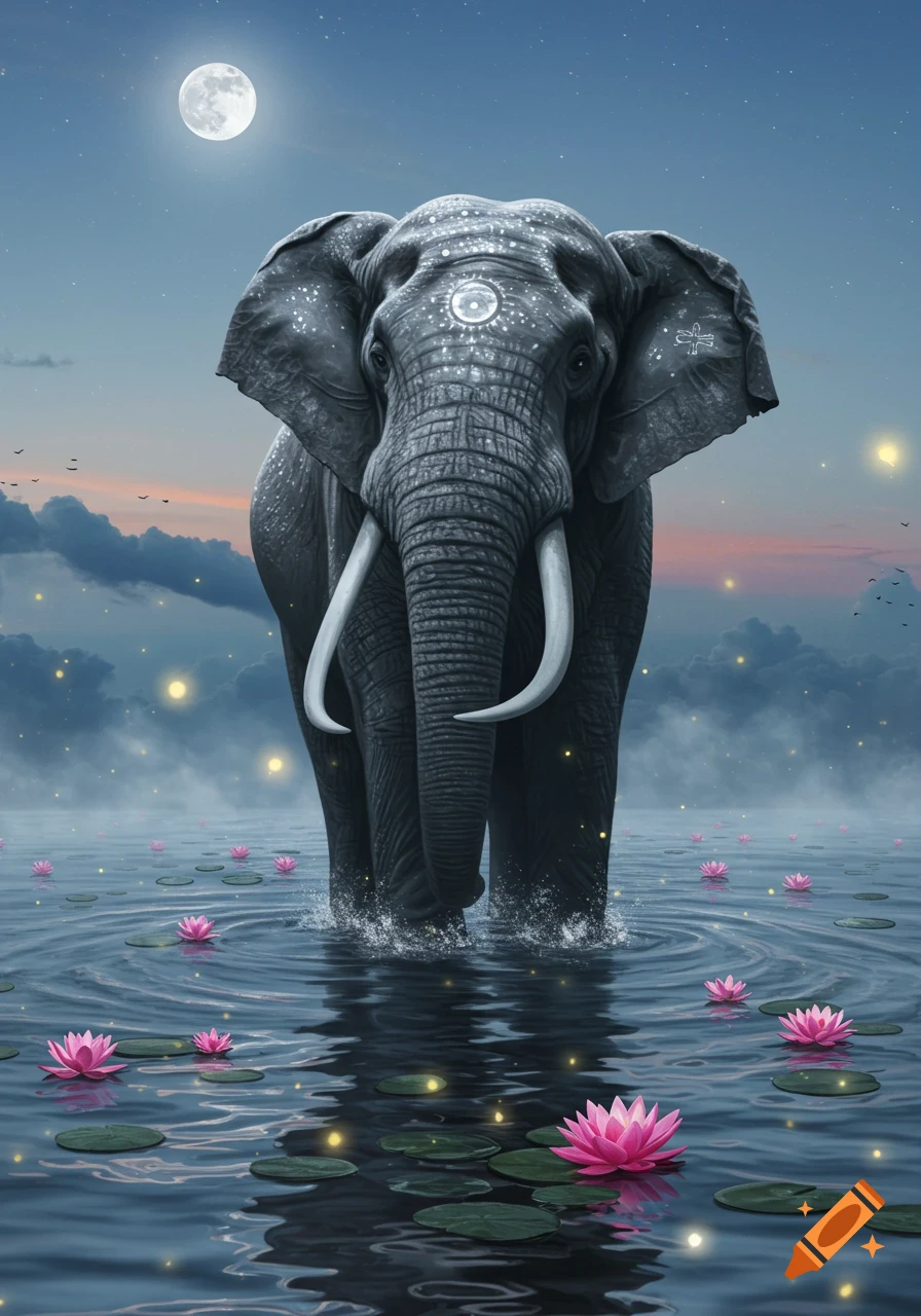 A majestic elephant with glowing symbols on its head stands in moonlit water amidst pink lotus flowers and shimmering lights.