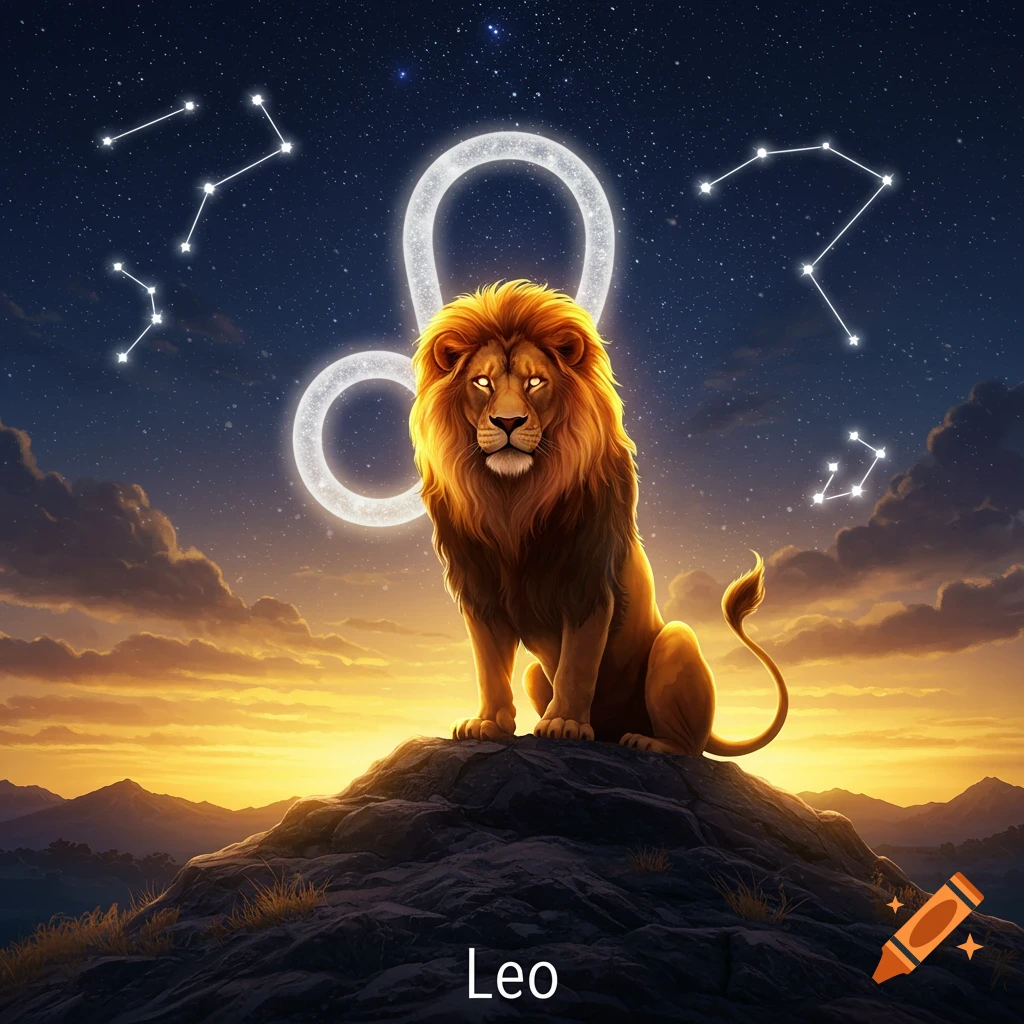 A majestic lion with a glowing mane sits on a rocky peak under a starry night sky with the glowing Leo zodiac symbol and constellation.