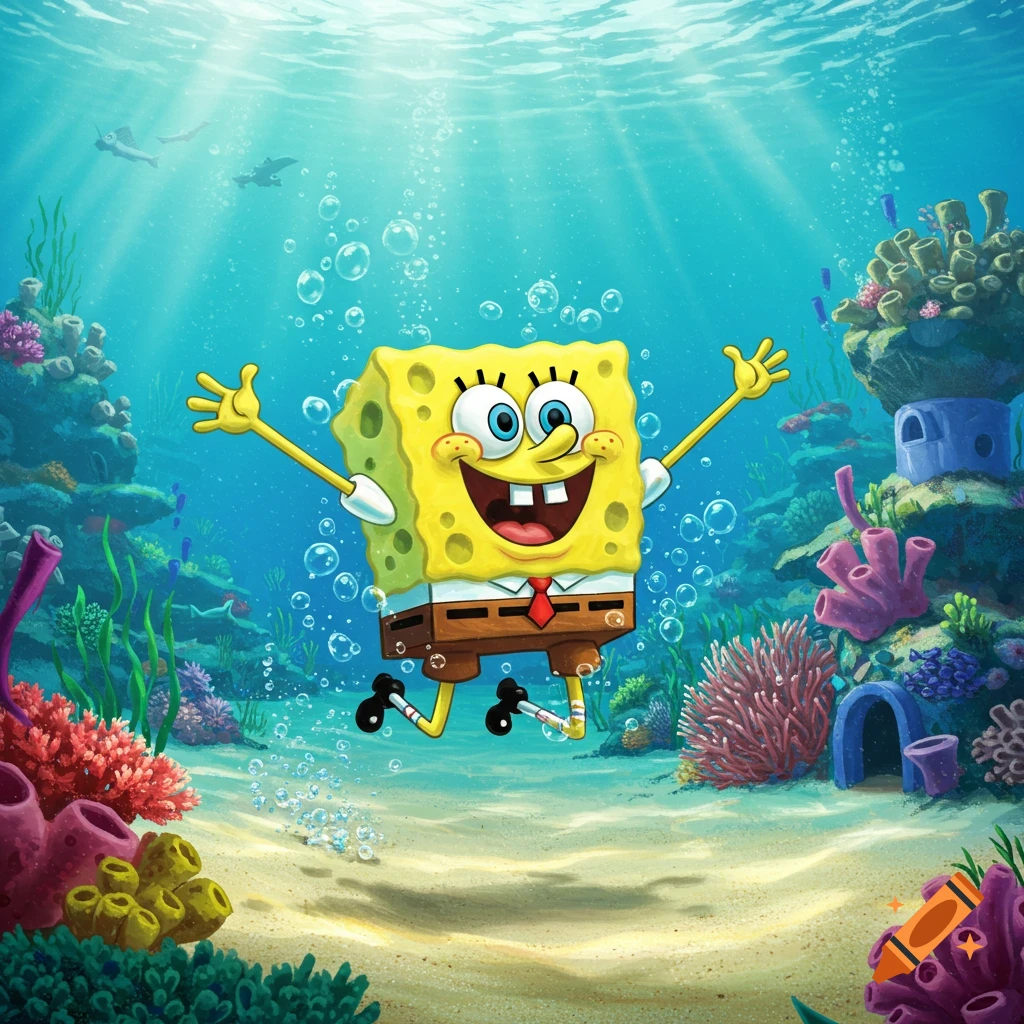A cheerful Spongebob Squarepants floats underwater with arms outstretched, surrounded by colorful coral reefs, bubbles, and sunlight.