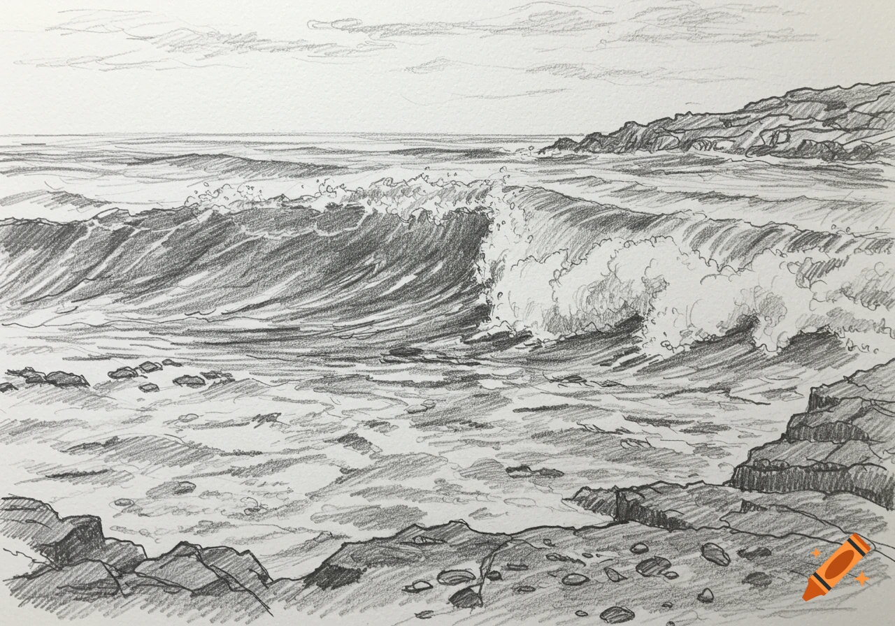Pencil sketch of ocean waves crashing against a rocky coastline under a cloudy sky.