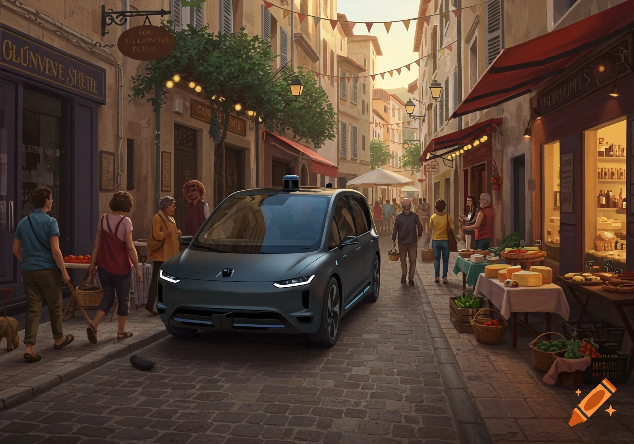 A dark gray autonomous van drives down a cobbled European street lined with market stalls and historic buildings, with pedestrians walking along the sidewalks under a warm sky.