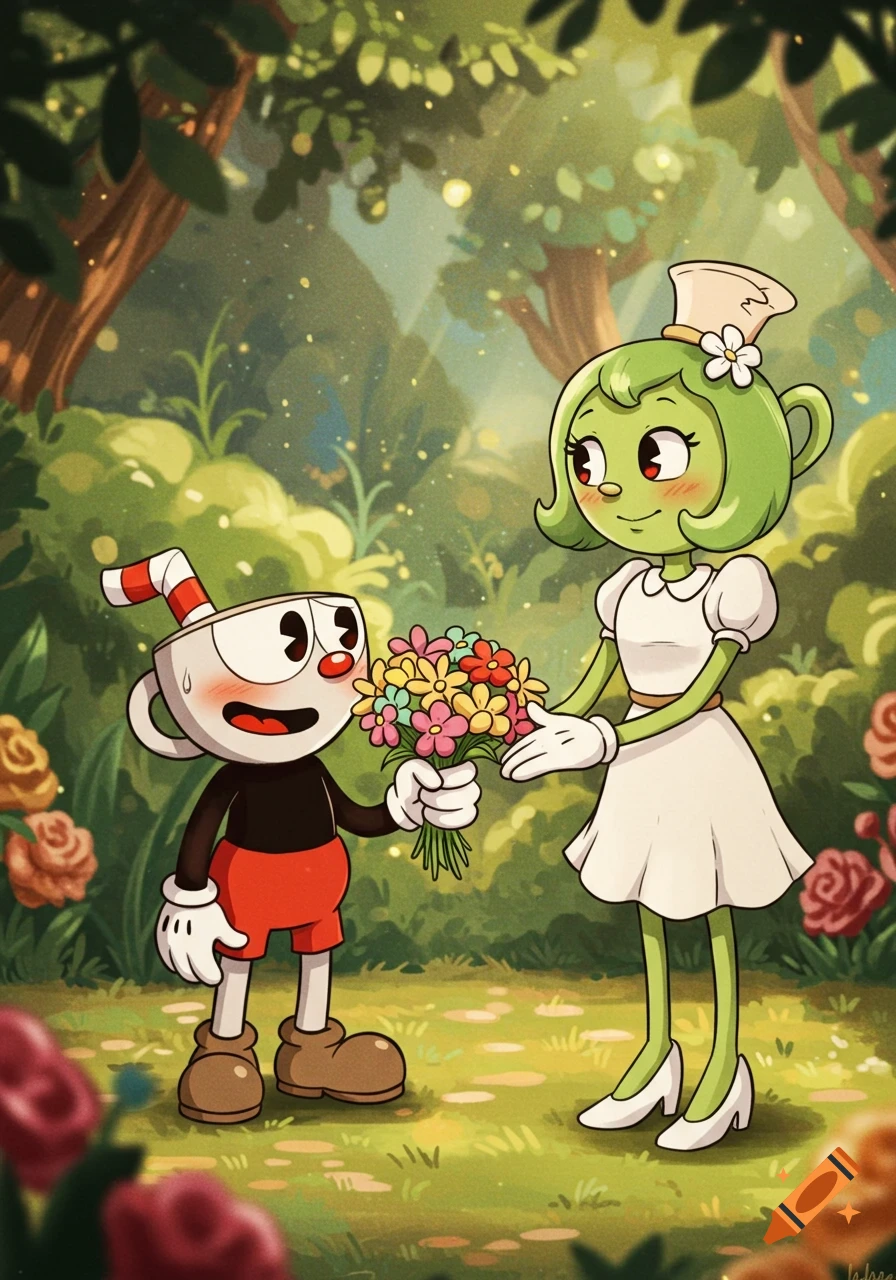 Cuphead, blushing, gives a bouquet of flowers to a blushing green anthropomorphic tea girl in a whimsical cartoon garden.
