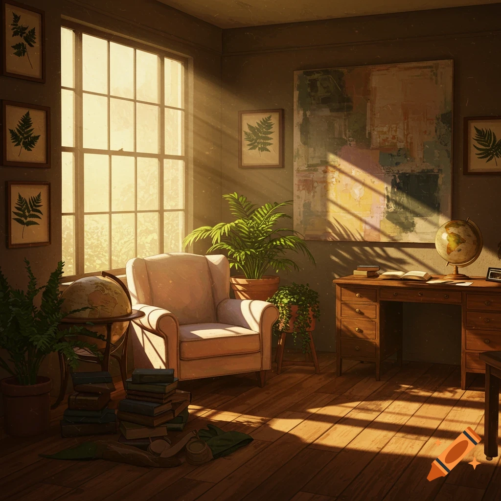 A sunlit, cozy room with an armchair, desk, two globes, plants, and books, bathed in warm light.