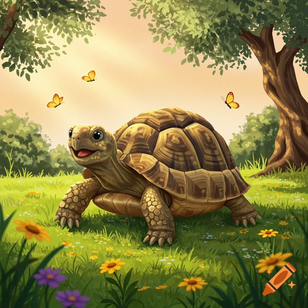 Happy tortoise smiles in a sunny green field with flowers and butterflies, trees in background. Illustrated.