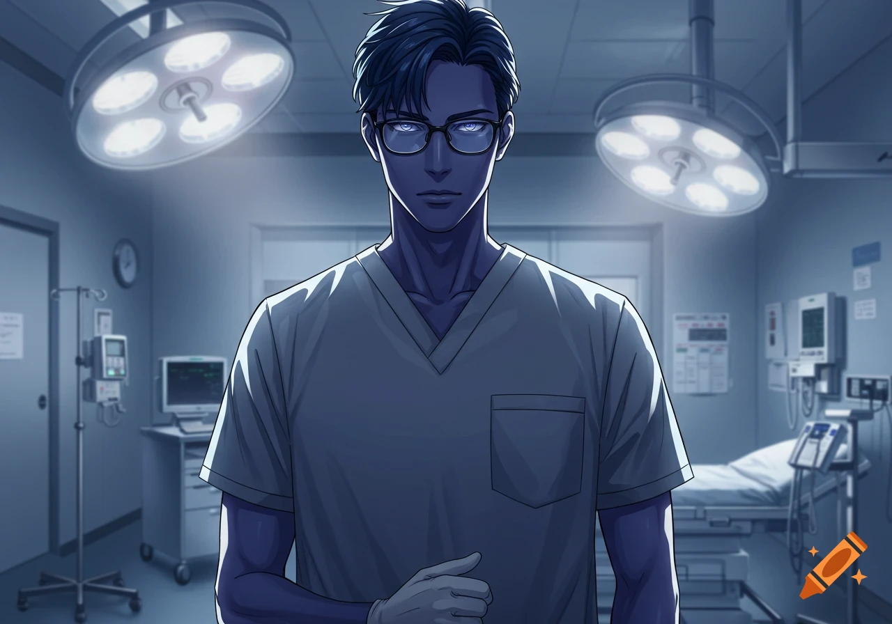 An anime-style male nurse with blue skin, black glasses, gray scrubs, and white gloves stands in an operating room.