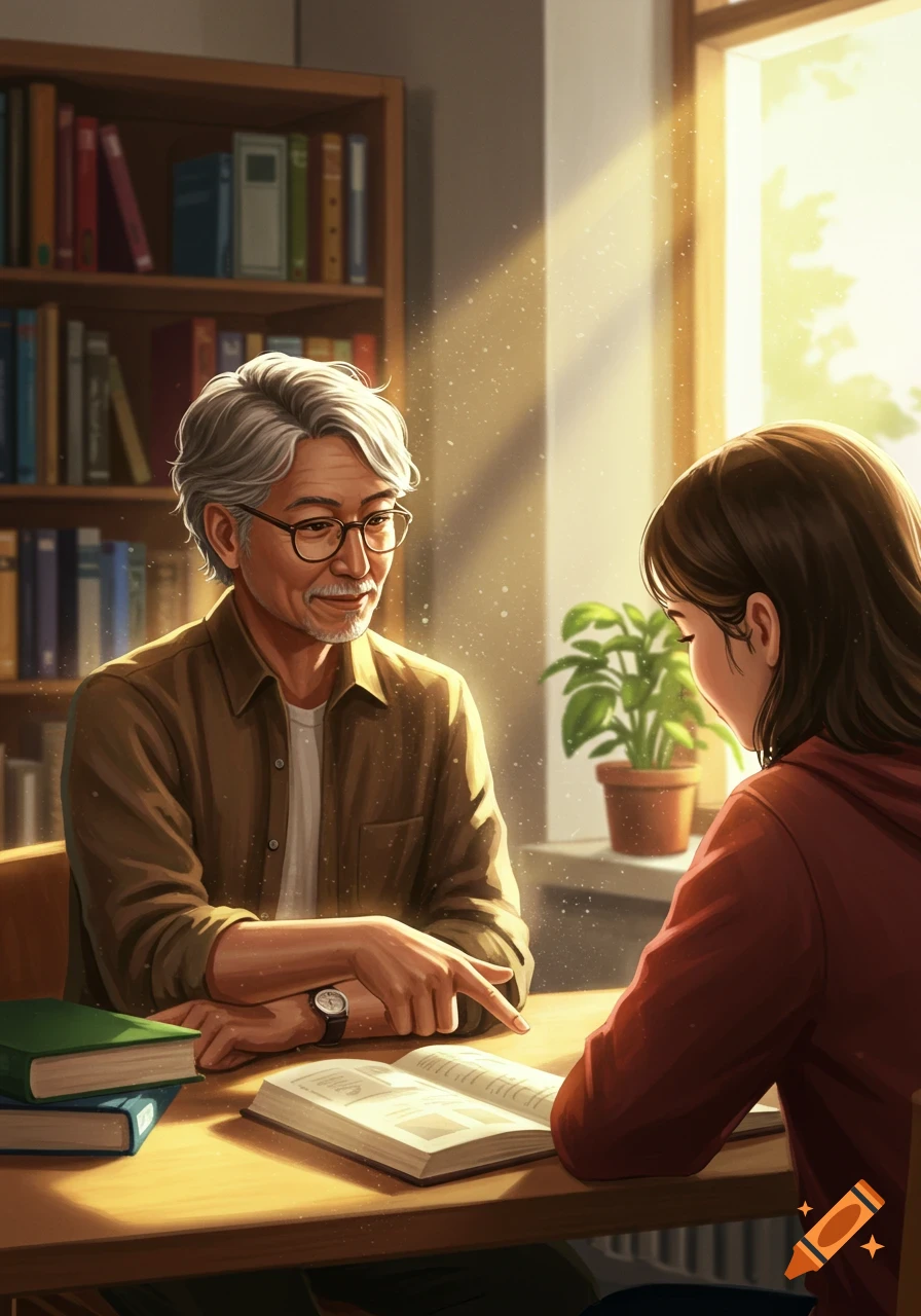 An older man with gray hair points to an open book on a table, as a younger woman looks on in a sunlit room with bookshelves.