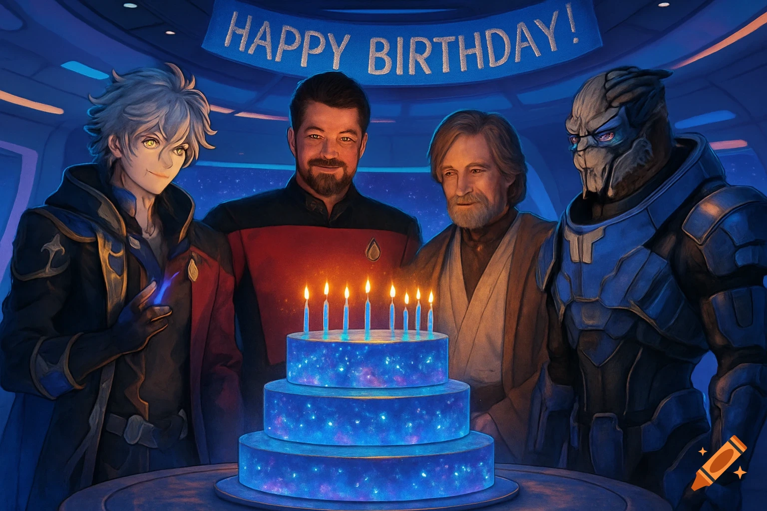 Caellus, Riker, Luke Skywalker, and Garrus celebrate a birthday with a glowing blue cake and a 'Happy Birthday!' banner in a sci-fi setting.