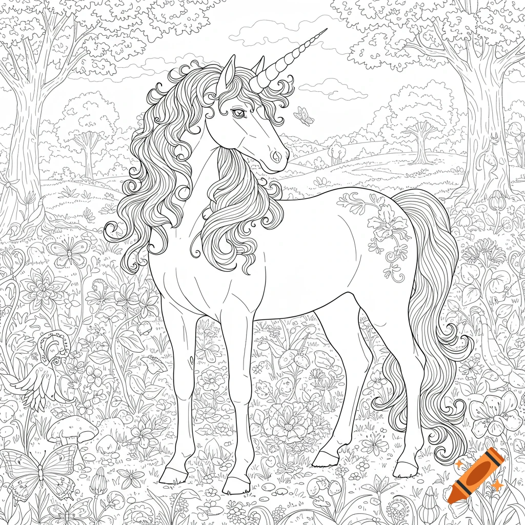 Detailed line art coloring page of a majestic unicorn with a long flowing mane standing in a lush, magical forest clearing filled with flowers and trees.