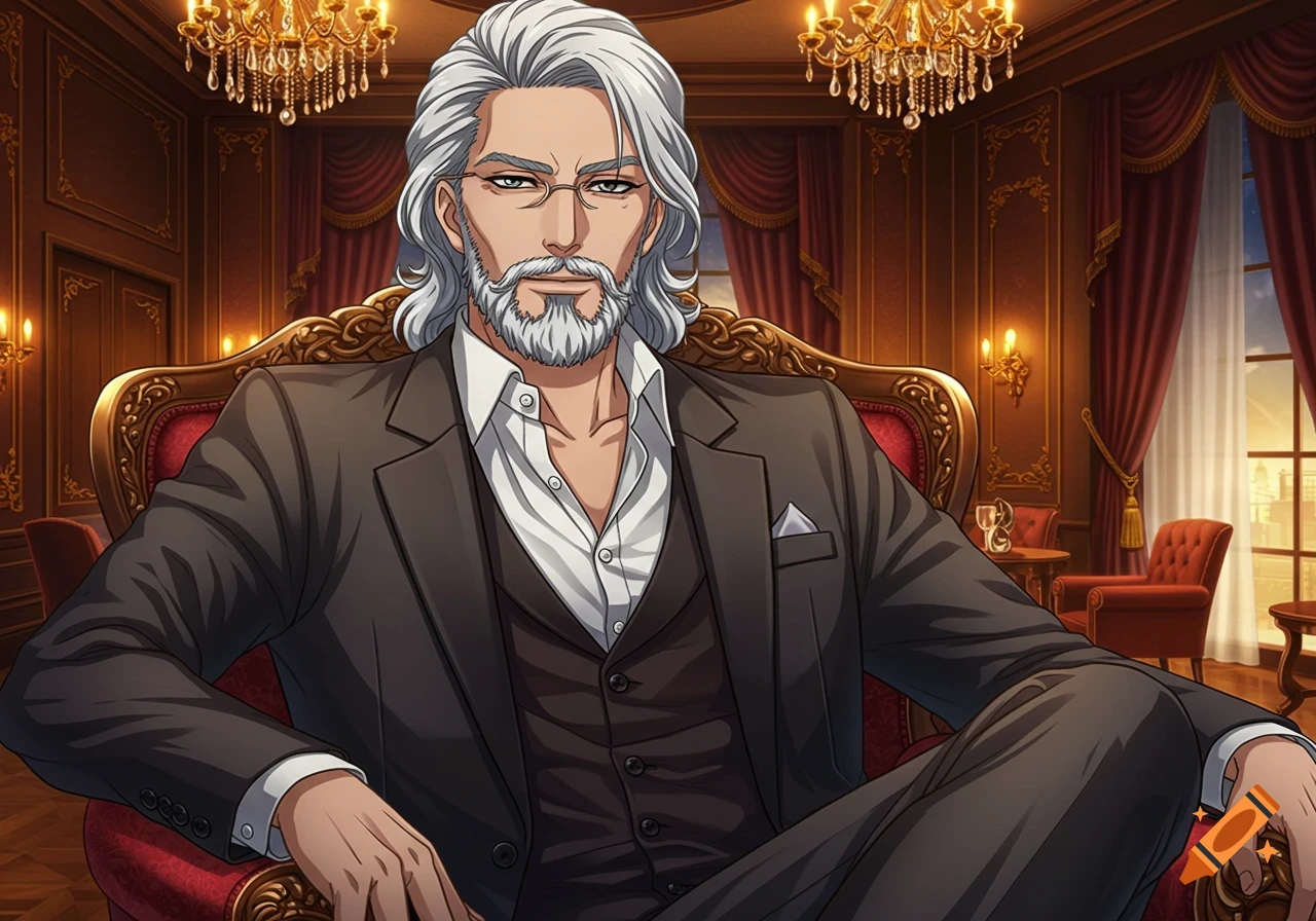 Anime style portrait of a handsome old man with gray hair and beard, wearing a suit, sitting in a luxurious room.