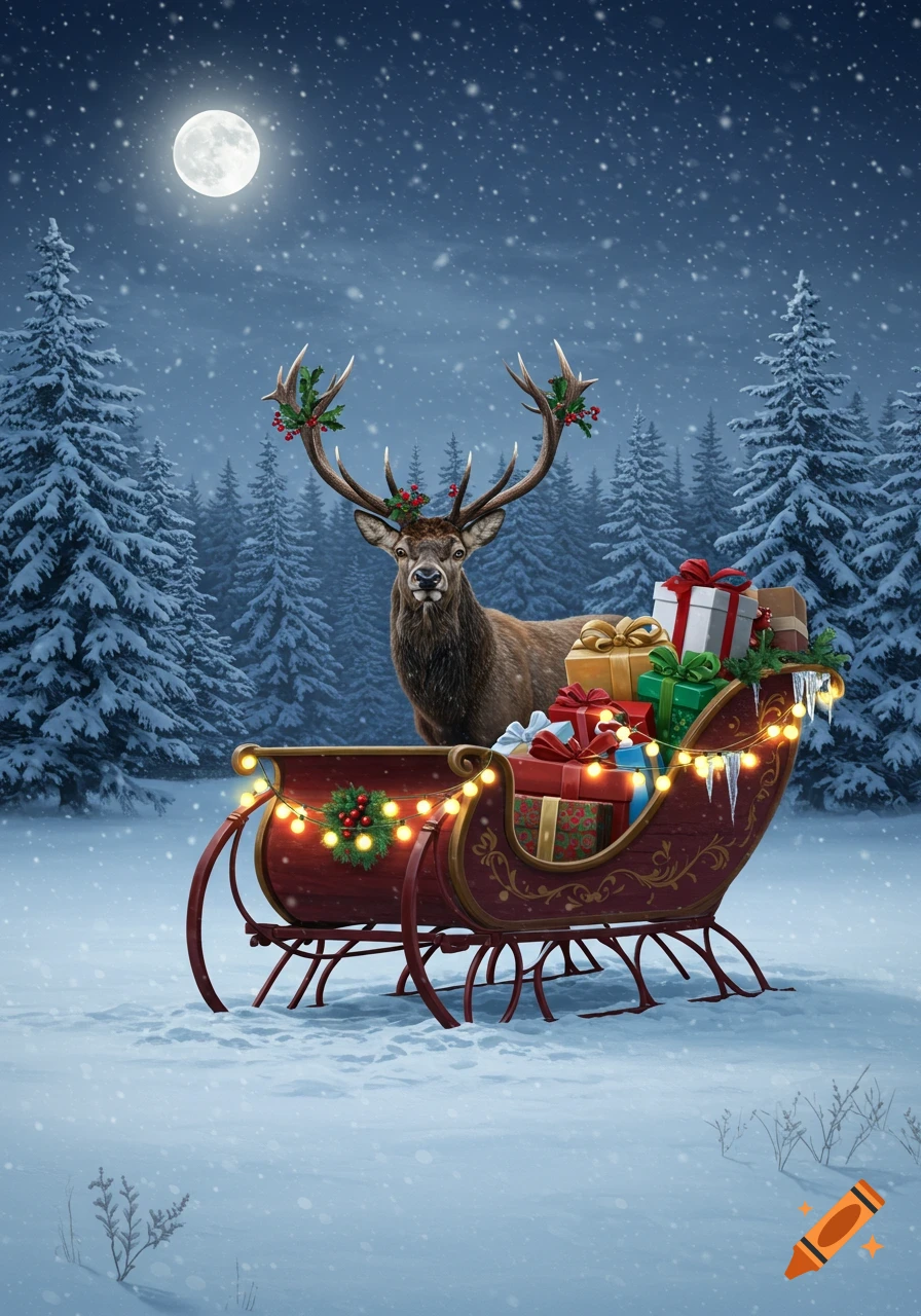 A majestic deer with holly antlers stands by a red Christmas sleigh filled with gifts in a snowy forest at night.