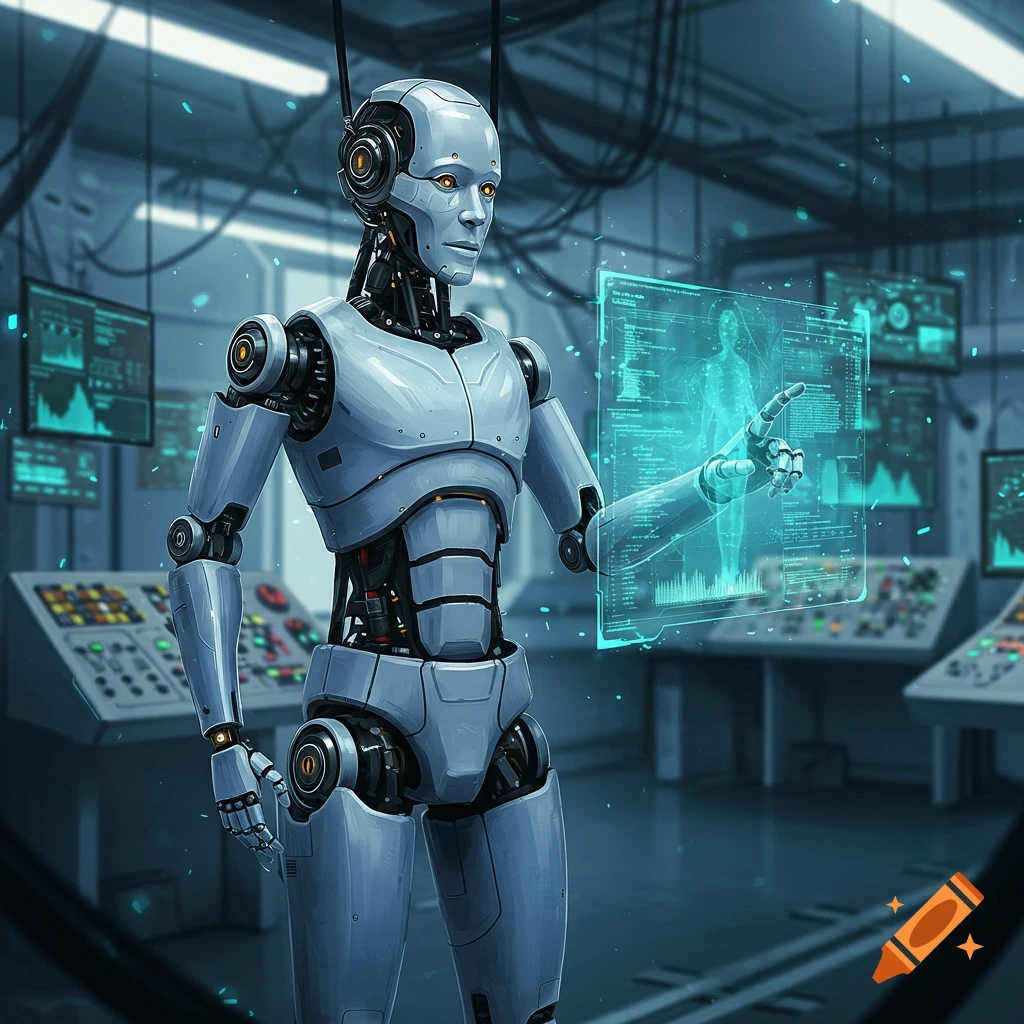 A sleek, light-grey humanoid robot in a futuristic laboratory, interacting with a glowing blue holographic interface displaying data and a human anatomical scan. Screens with charts are in the background.