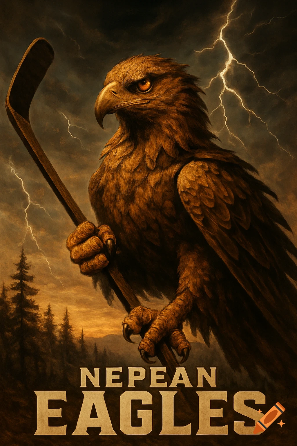 An angry brown eagle holding a hockey stick against a stormy, lightning-filled sky. Text 'NEPEAN EAGLES' at the bottom.