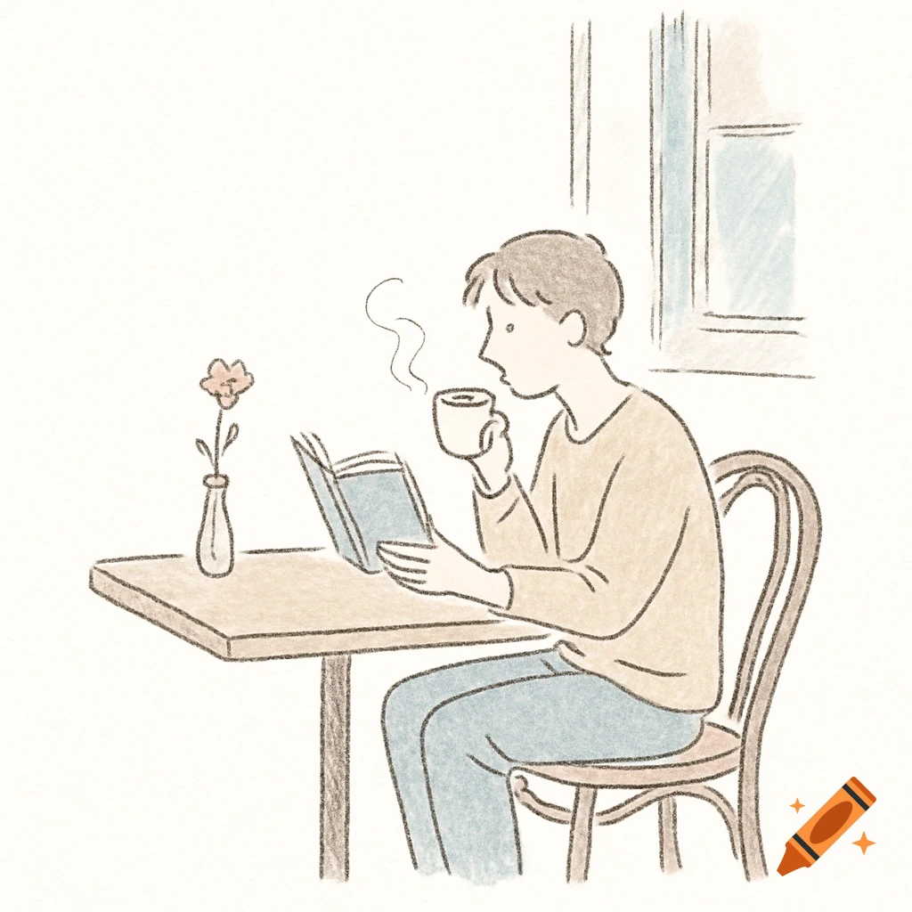 Minimal hand-drawn illustration of a person sitting at a cafe table, drinking coffee and reading a book.