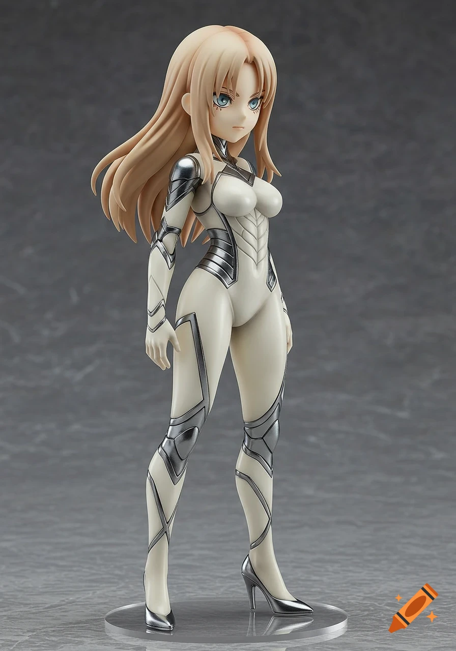 A full-body anime-style figurine of a blonde woman in a white and silver futuristic suit and silver high heels, standing on a clear circular base.