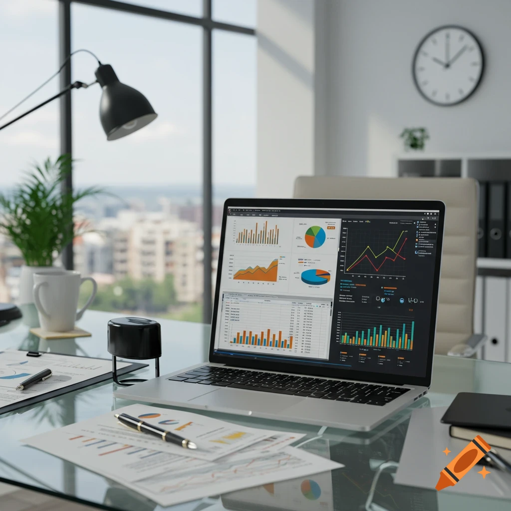 A photorealistic image of an office desk with a laptop displaying business charts and graphs, with papers and pens on the glass desk.