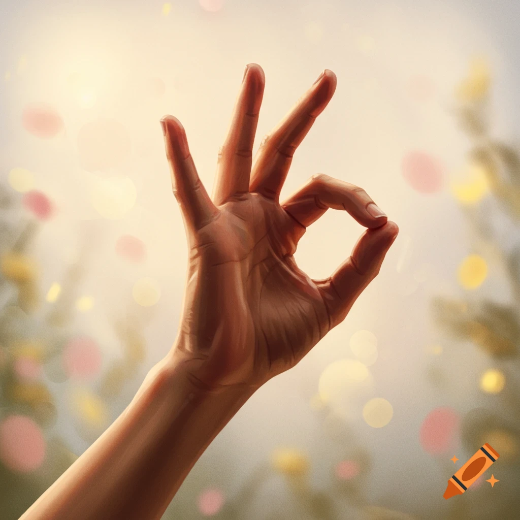 A photorealistic hand makes an 'OK' gesture against a bright, bokeh-filled background.