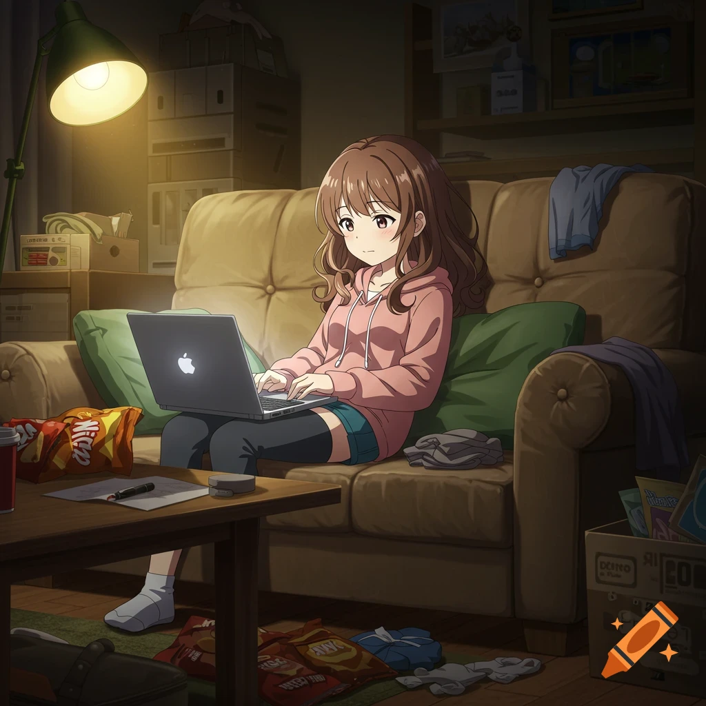 An anime girl on a couch uses a laptop in a messy, cozy room with warm lighting.