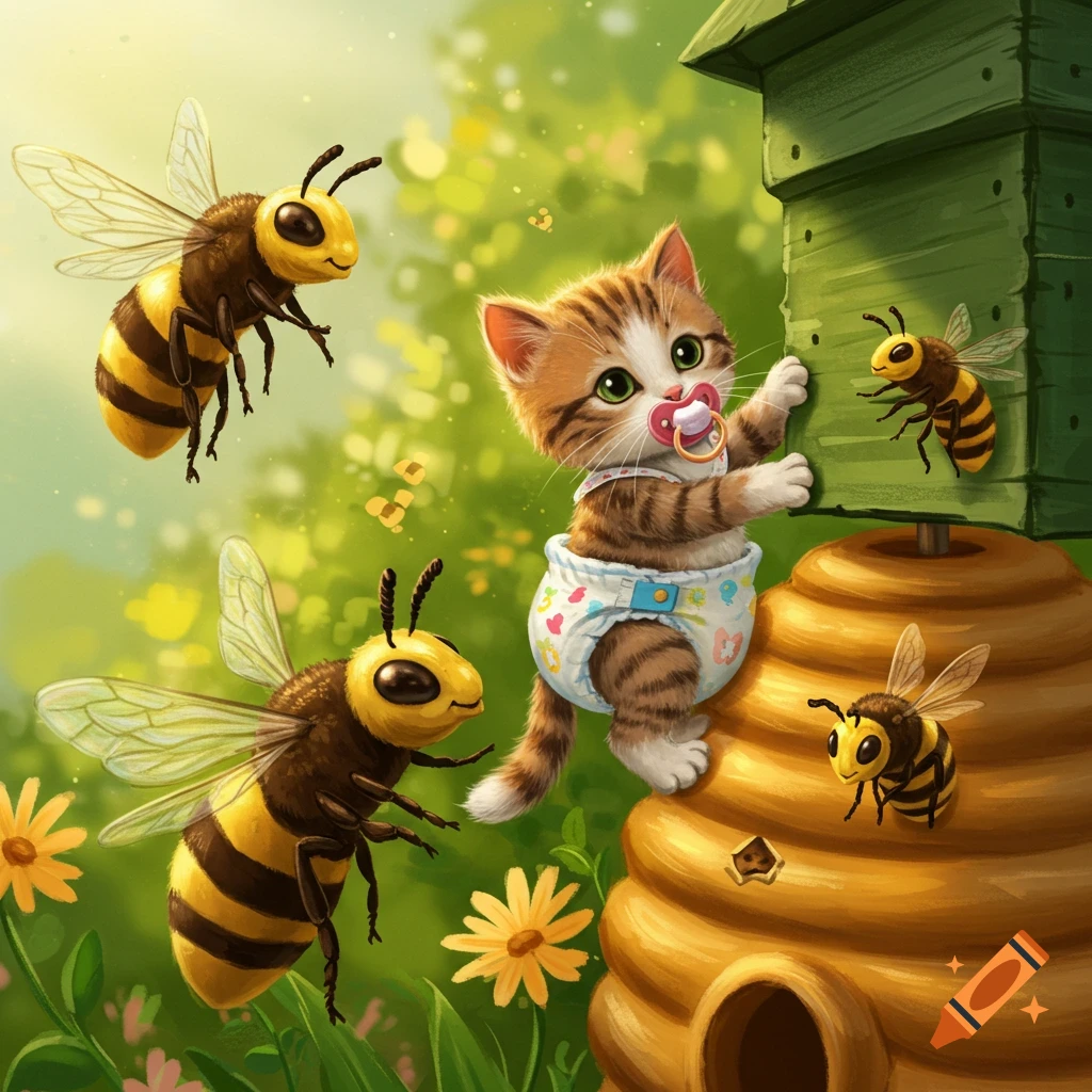 A cute cartoon kitten in a diaper and pacifier climbs a beehive, surrounded by flying bees in a sunny, whimsical garden.