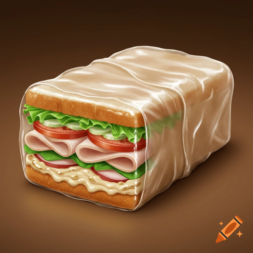 A delicious ham sandwich with lettuce, tomato, cucumber, and mayo, encased in a clear, glossy wrap, against a brown background.