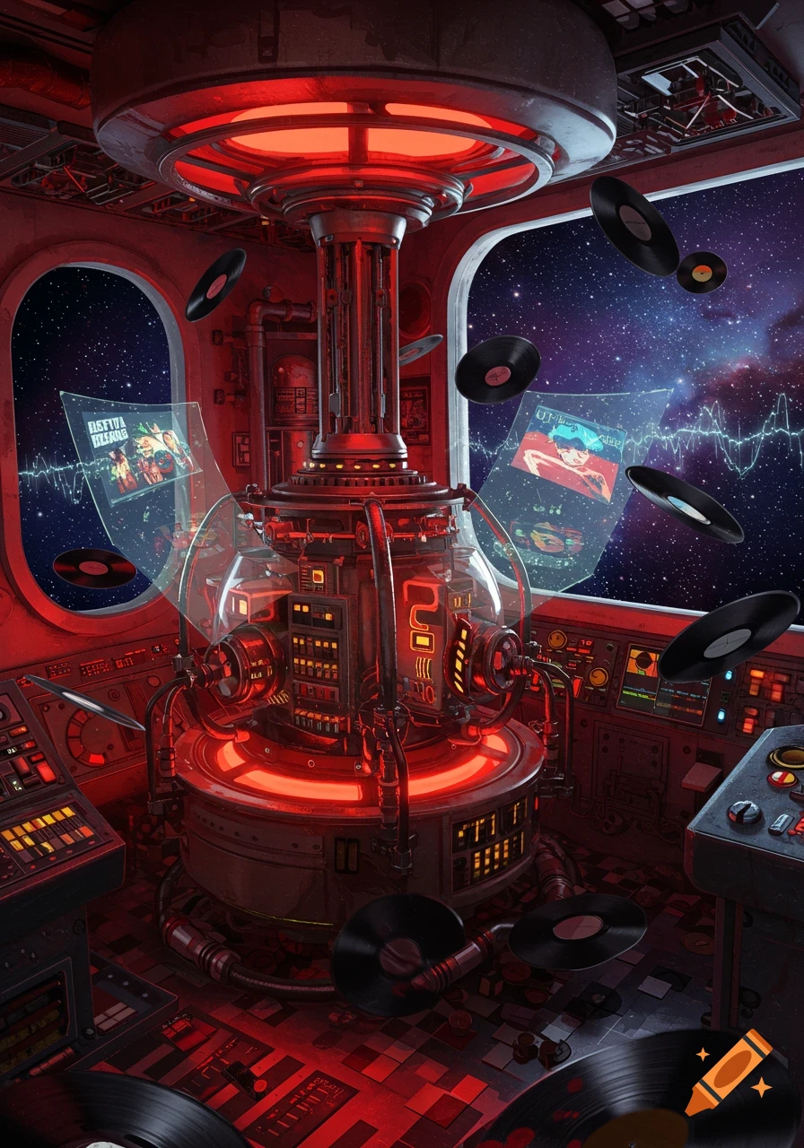 A red-lit, retro-futuristic spaceship interior with a central machine, floating vinyl records, and windows showing outer space with nebulae.