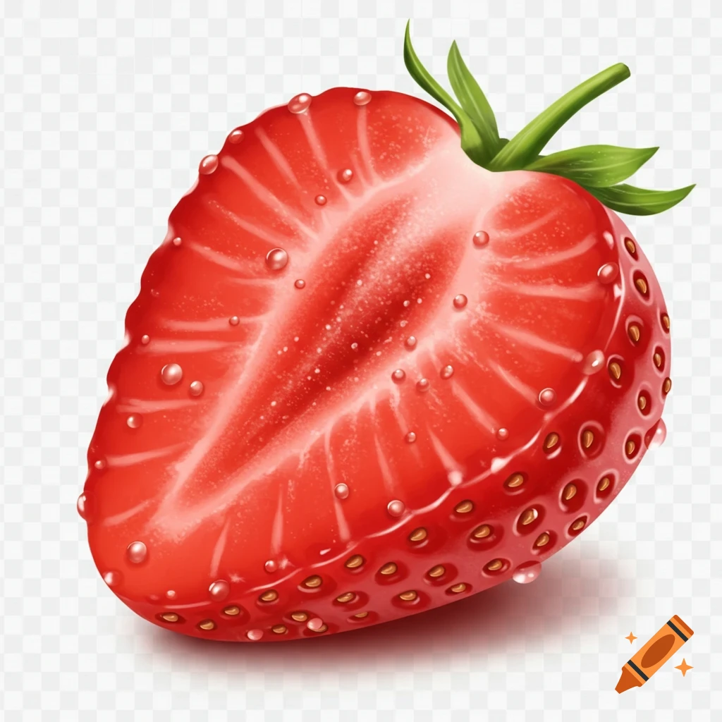 A vibrant, juicy half strawberry with water droplets, showing its red interior and green stem, on a transparent background.