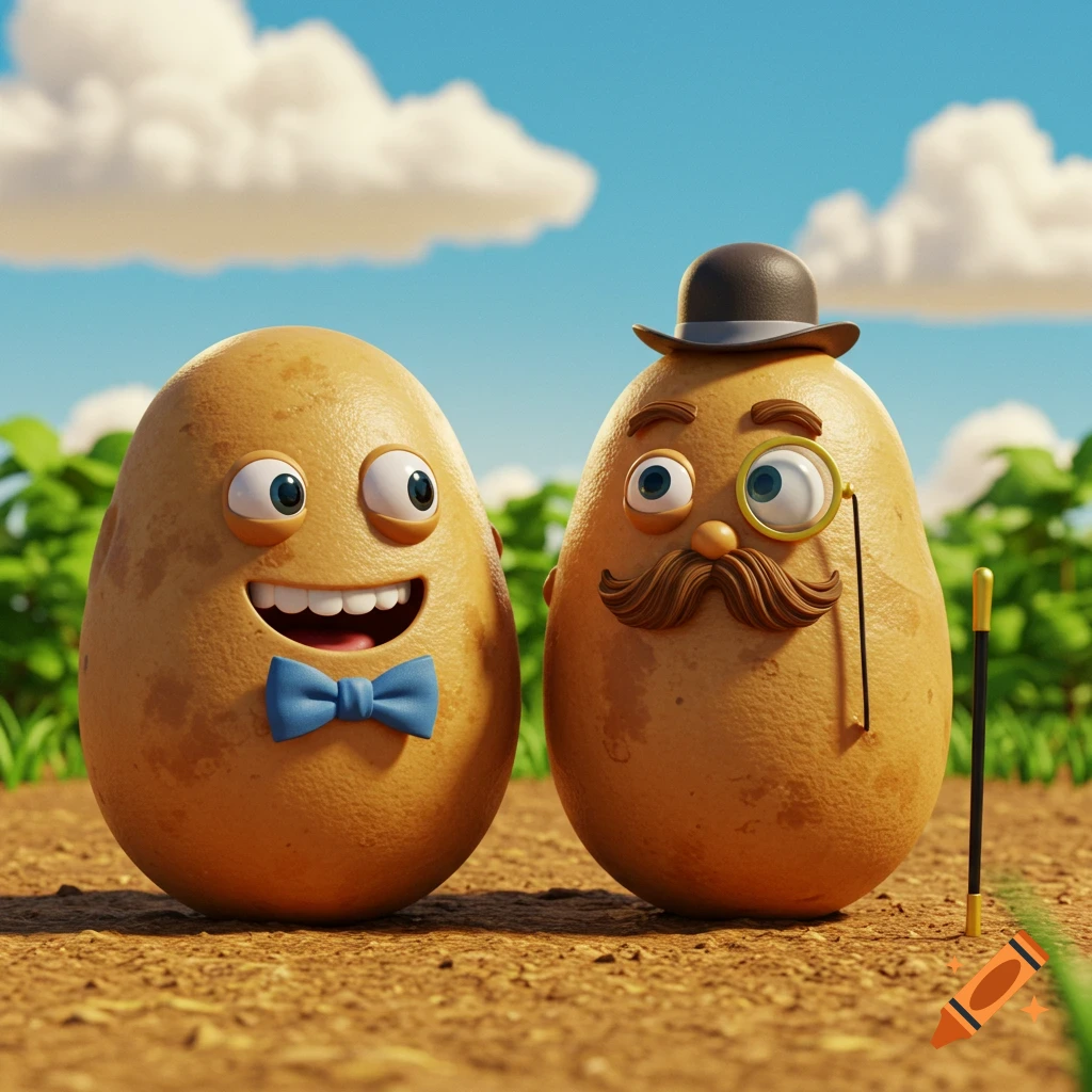 Two smiling cartoon potato characters, one with a bow tie, the other with a bowler hat and monocle, stand in a sunny field.