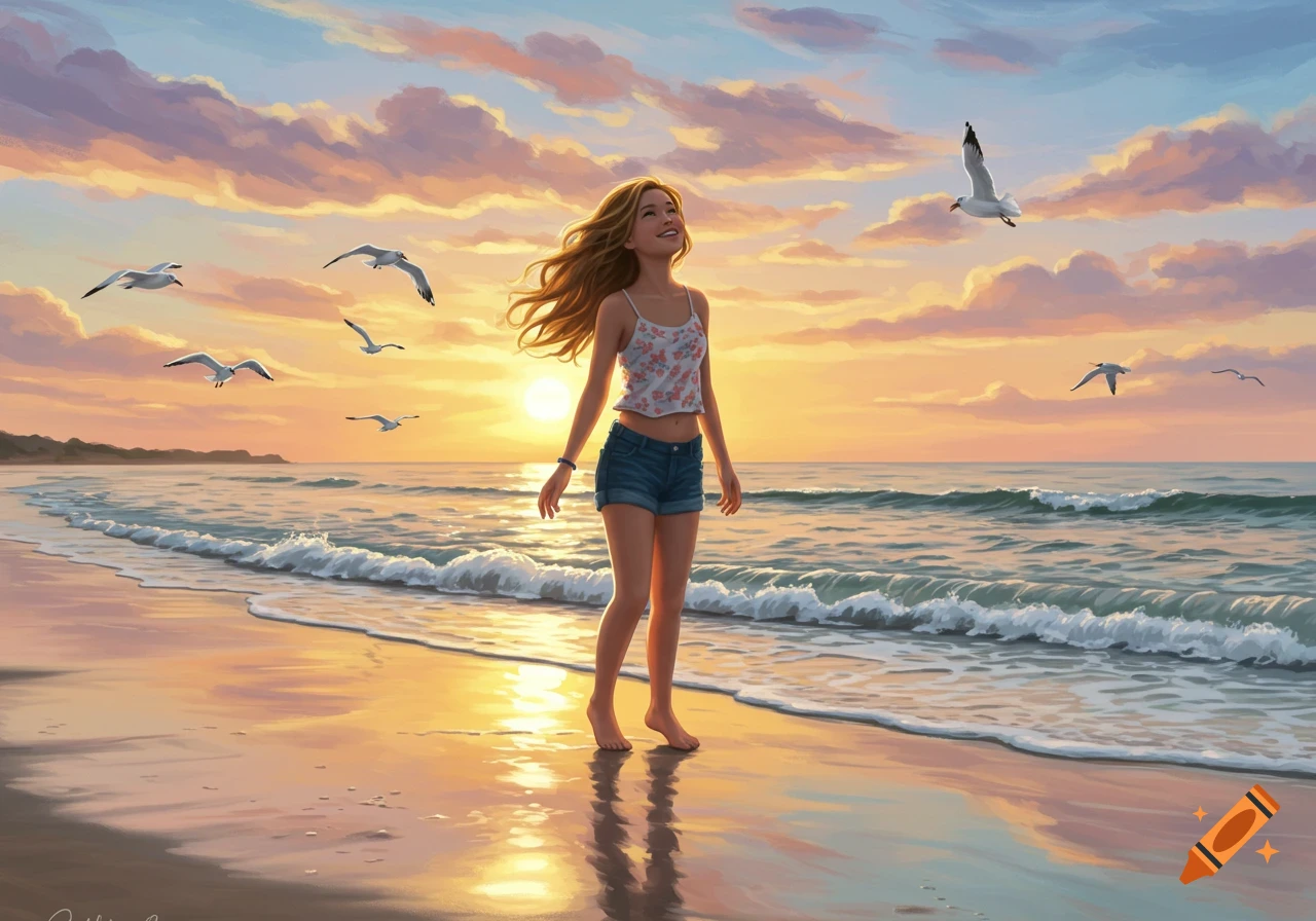Smiling teen girl walks on a sunset beach with seagulls flying over the ocean, painterly style.