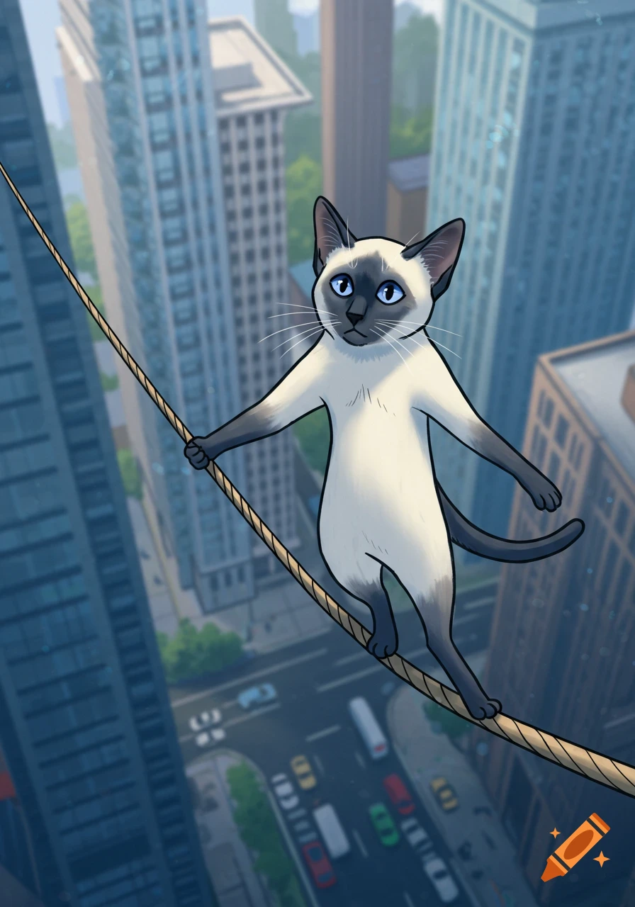 Cartoon Siamese cat precariously balancing on a rope high above a bustling city street with tall buildings.