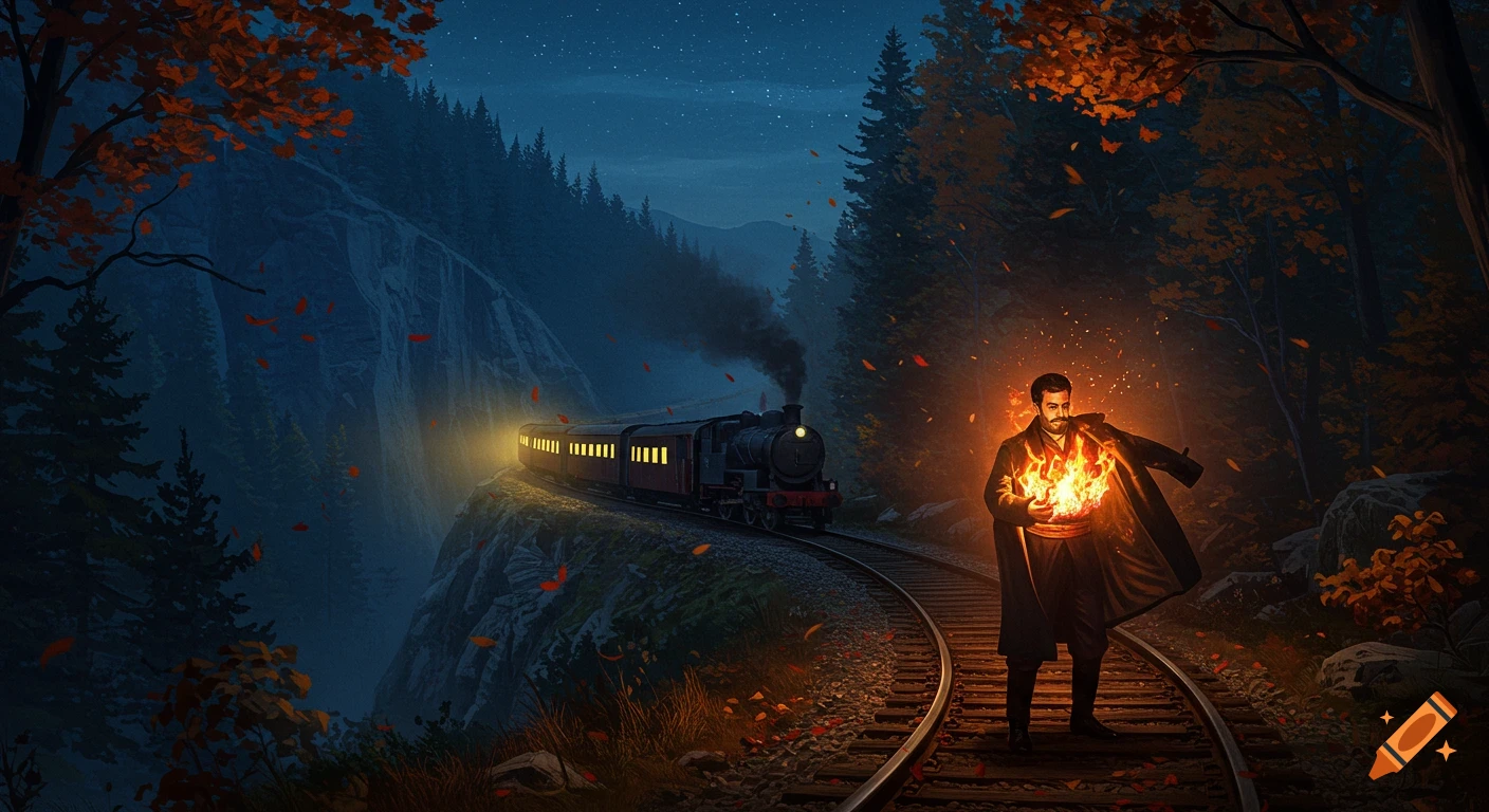 A man on train tracks holds fire to warn an approaching train in a dark autumn forest at night under a starry sky. Stylized.