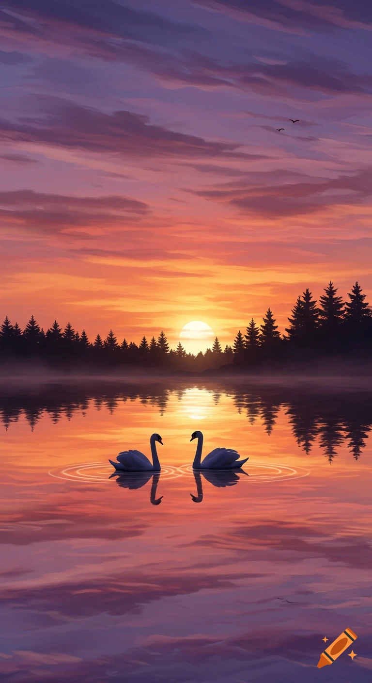 Two swans on a tranquil lake at sunset, reflecting vibrant orange and purple sky with a silhouetted forest.