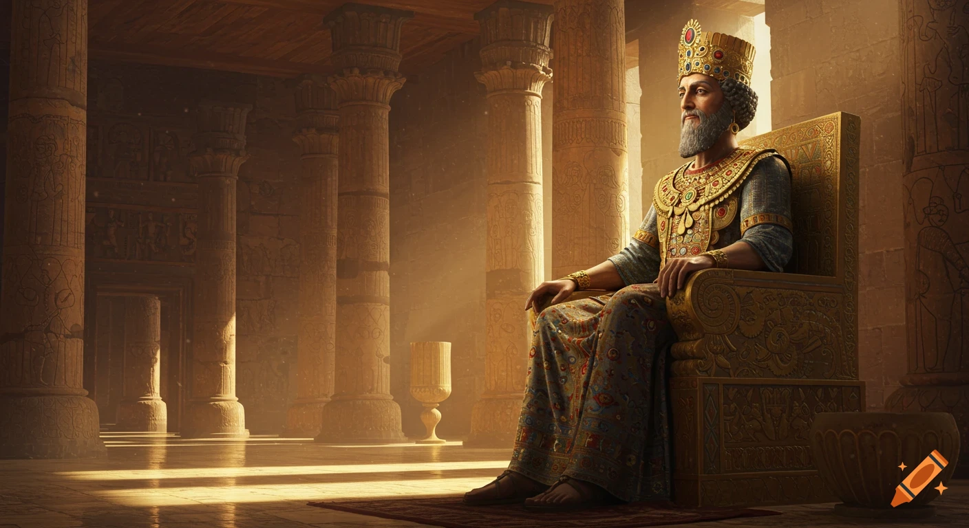 A bearded king in a golden crown and ornate robes sits on a throne in a sunlit, pillared ancient palace hall.