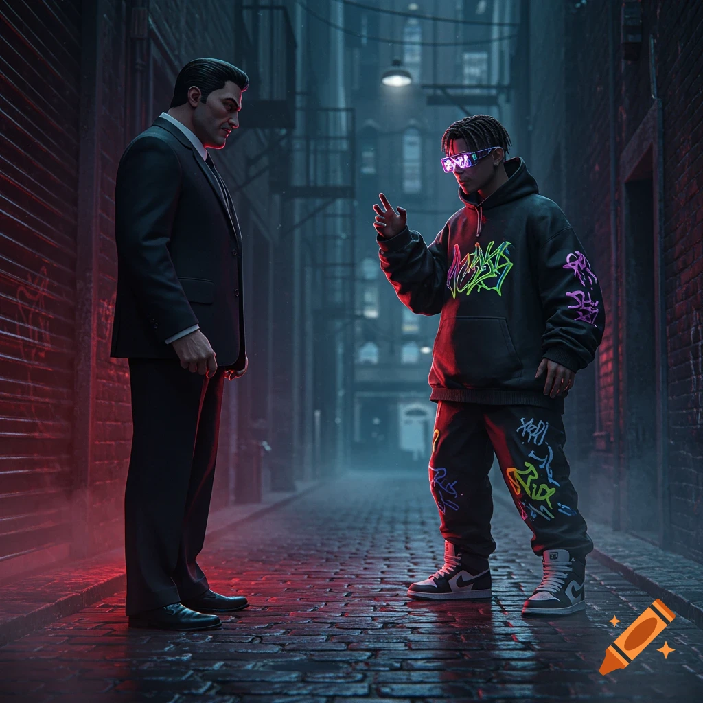 A man in a suit faces a younger man in a neon graffiti hoodie and glowing glasses in a dark, wet urban alley.