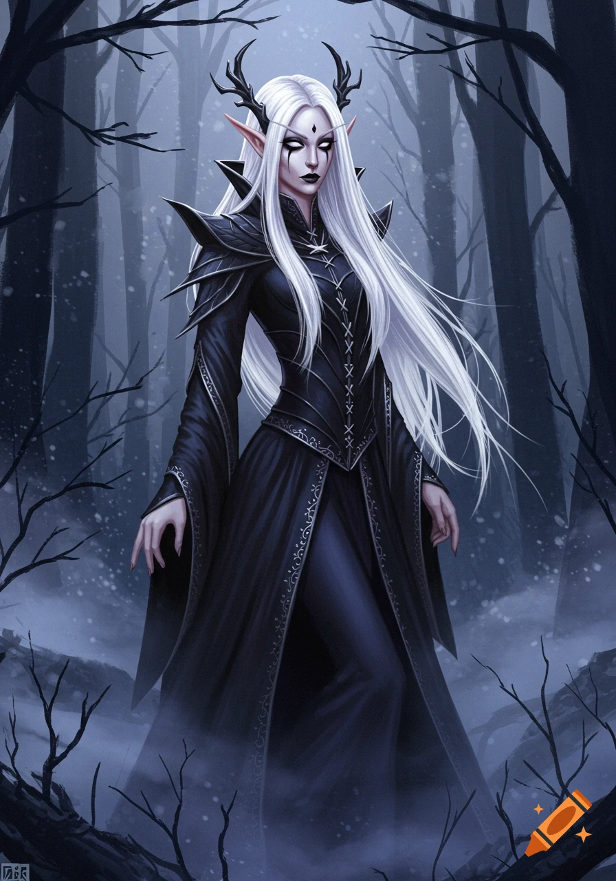 Gothic elf woman with long white hair, horns, and dark attire stands in a misty, dark forest in a fantasy illustration.