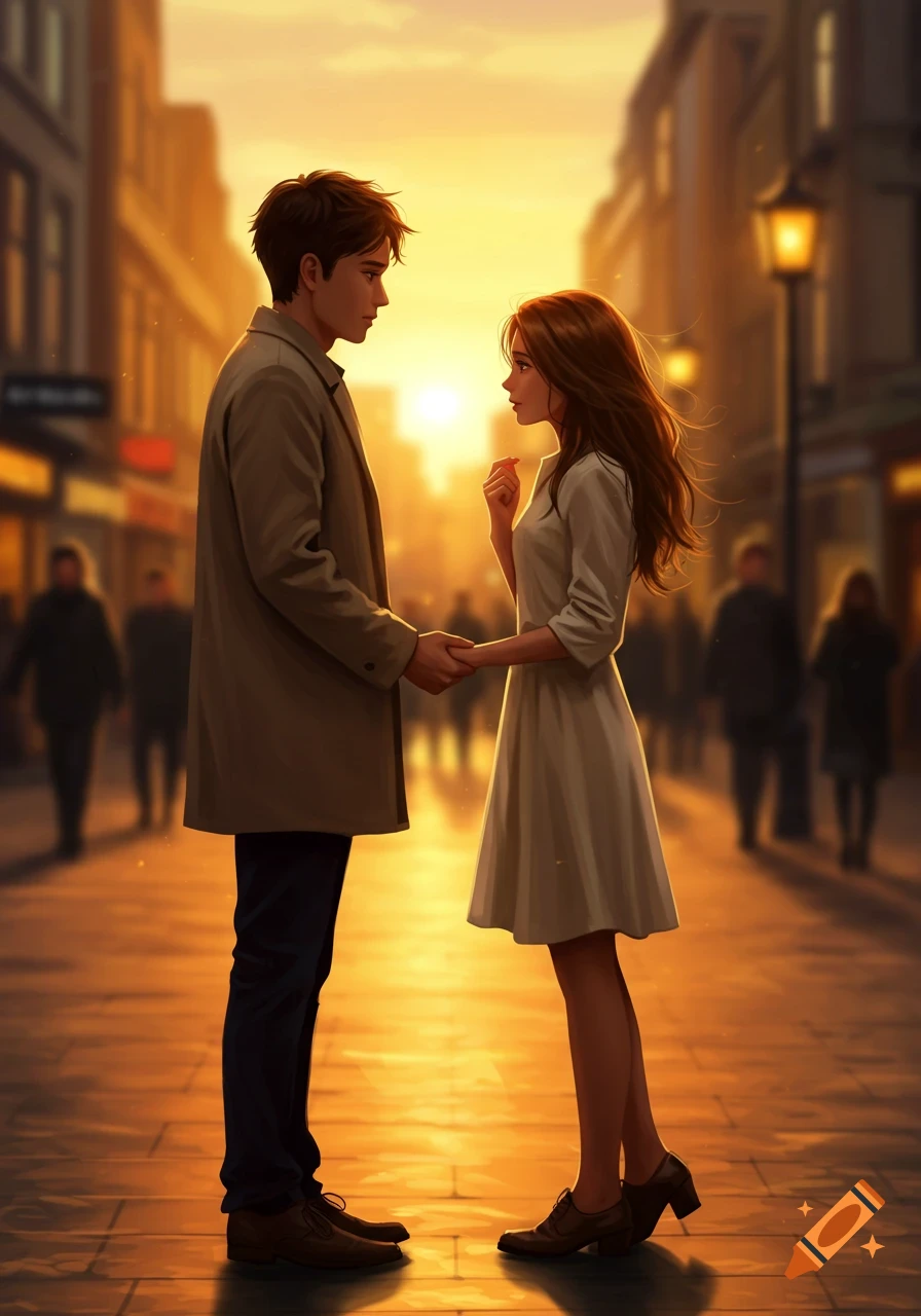 Anime illustration of a couple holding hands in a warm golden city street at sunset, gazing into each other's eyes.
