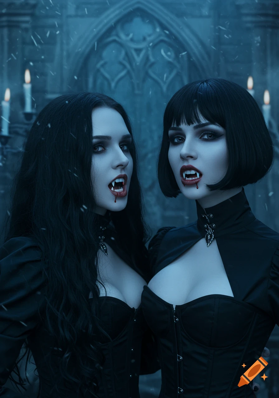 Two photorealistic female vampires with fangs and blood, wearing black corsets, against a blurred gothic castle background.